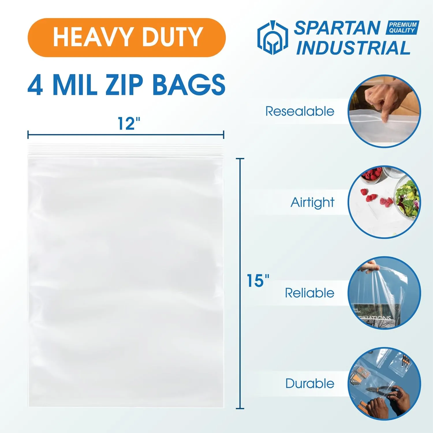 Spartan Industrial - 12 X 15 (250 Count) 4 Mil Thick Bulk Clear Reclosable Zip Plastic Poly Bags with Resealable Lock Seal Zipper - Heavy Duty and Durable