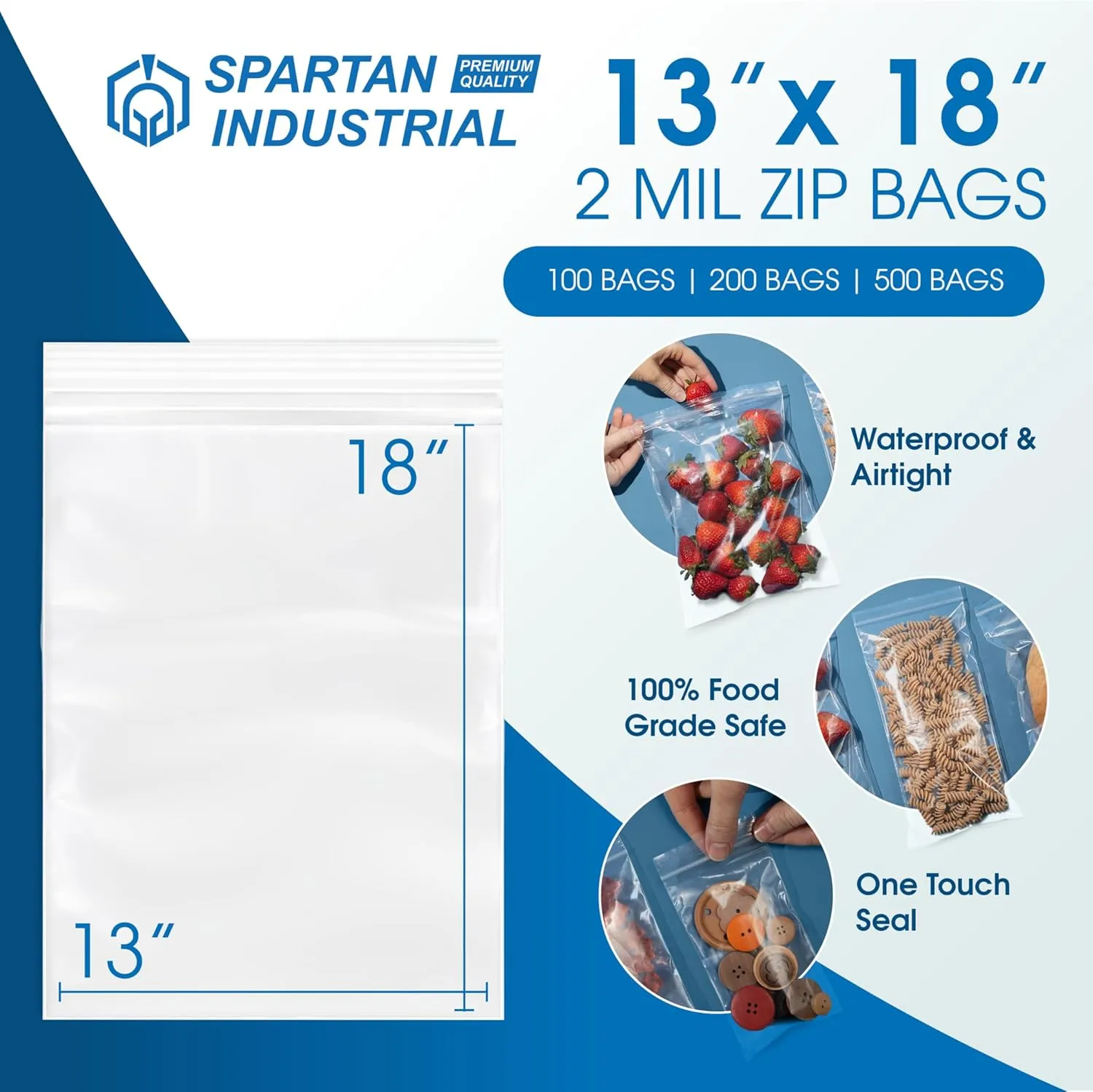 Spartan Industrial - 13 X 18 (200 Count) 2 Mil Clear Reclosable Zip Plastic Poly Bags with Resealable Lock Seal Zipper