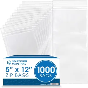 Spartan Industrial - 5 X 12 (1000 Count) 2 Mil Clear Reclosable Zip Plastic Poly Bags with Resealable Lock Seal Zipper