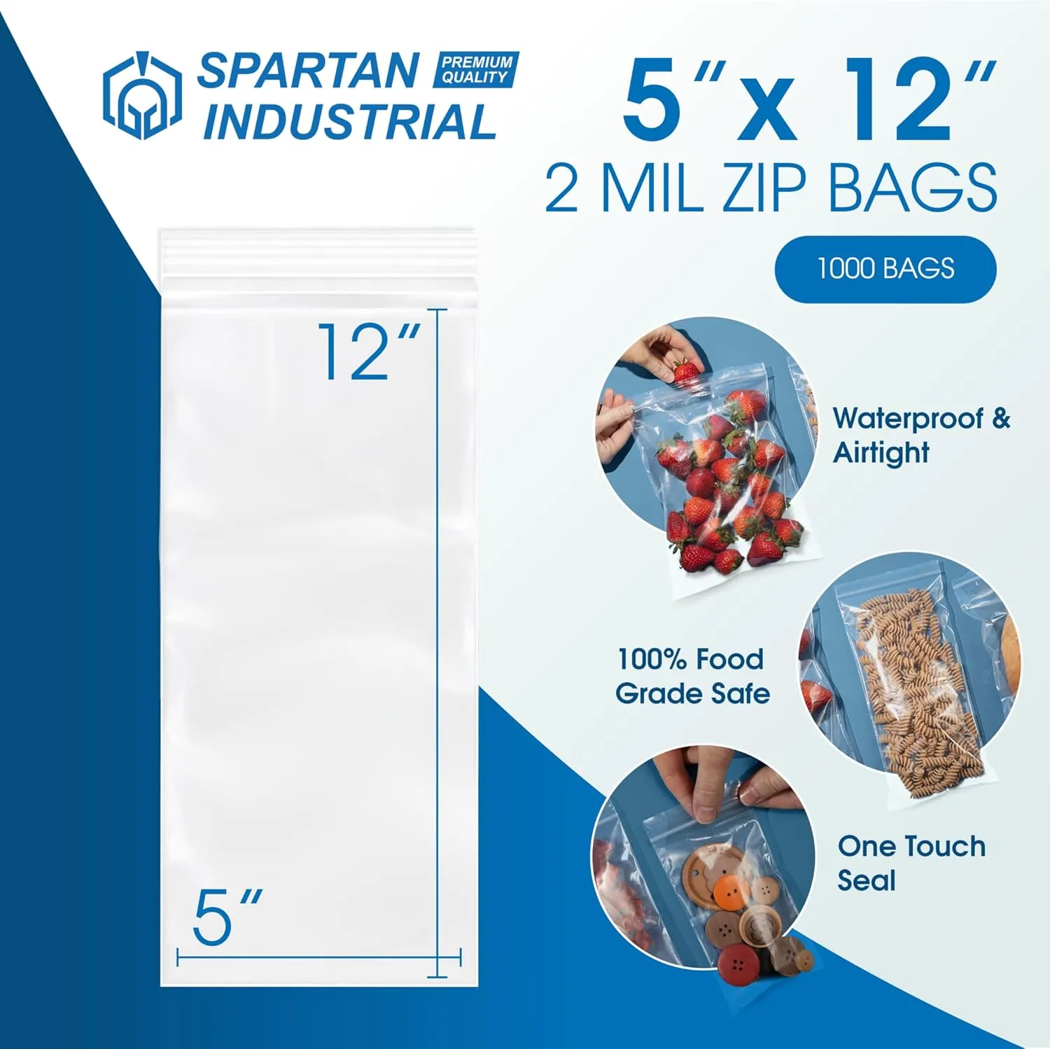 Spartan Industrial - 5 X 12 (1000 Count) 2 Mil Clear Reclosable Zip Plastic Poly Bags with Resealable Lock Seal Zipper