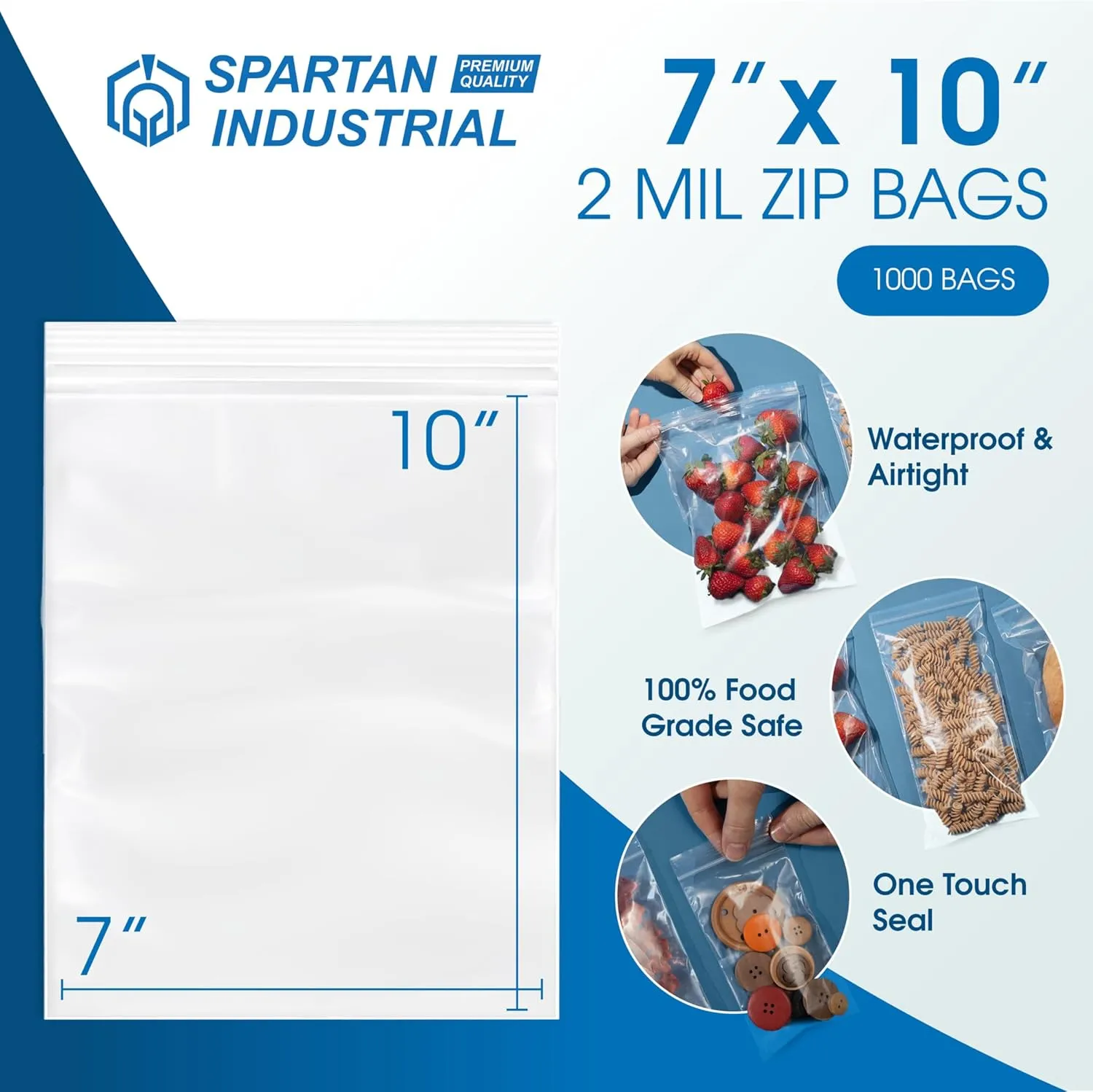 Spartan Industrial - 7 X 10 (1000 Count) 2 Mil Clear Reclosable Zip Plastic Poly Bags with Resealable Lock Seal Zipper