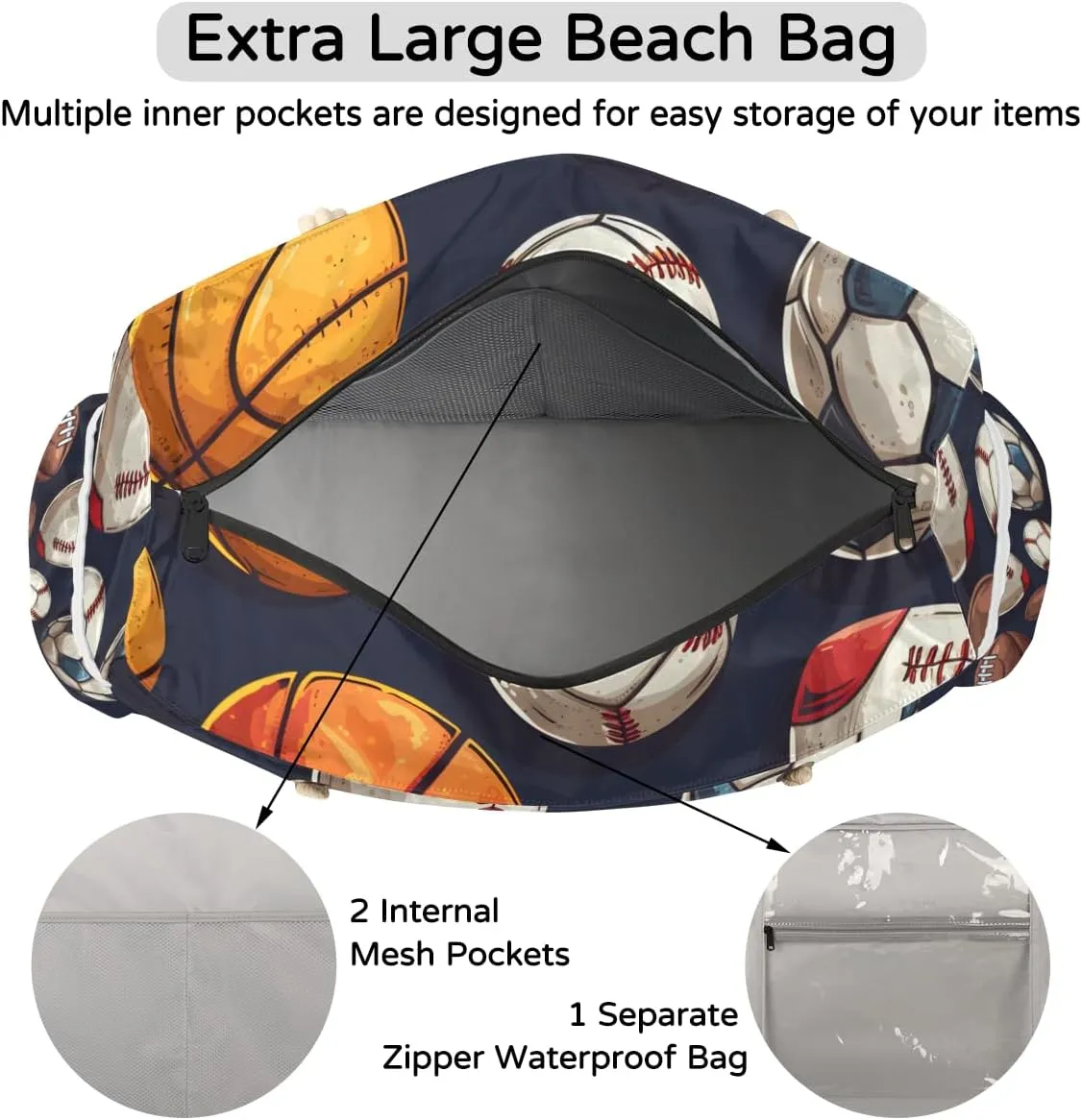 Sport Baseball Personalized Beach Bag for Women, Custom Name Waterproof Sandproof Pool Swim Bags