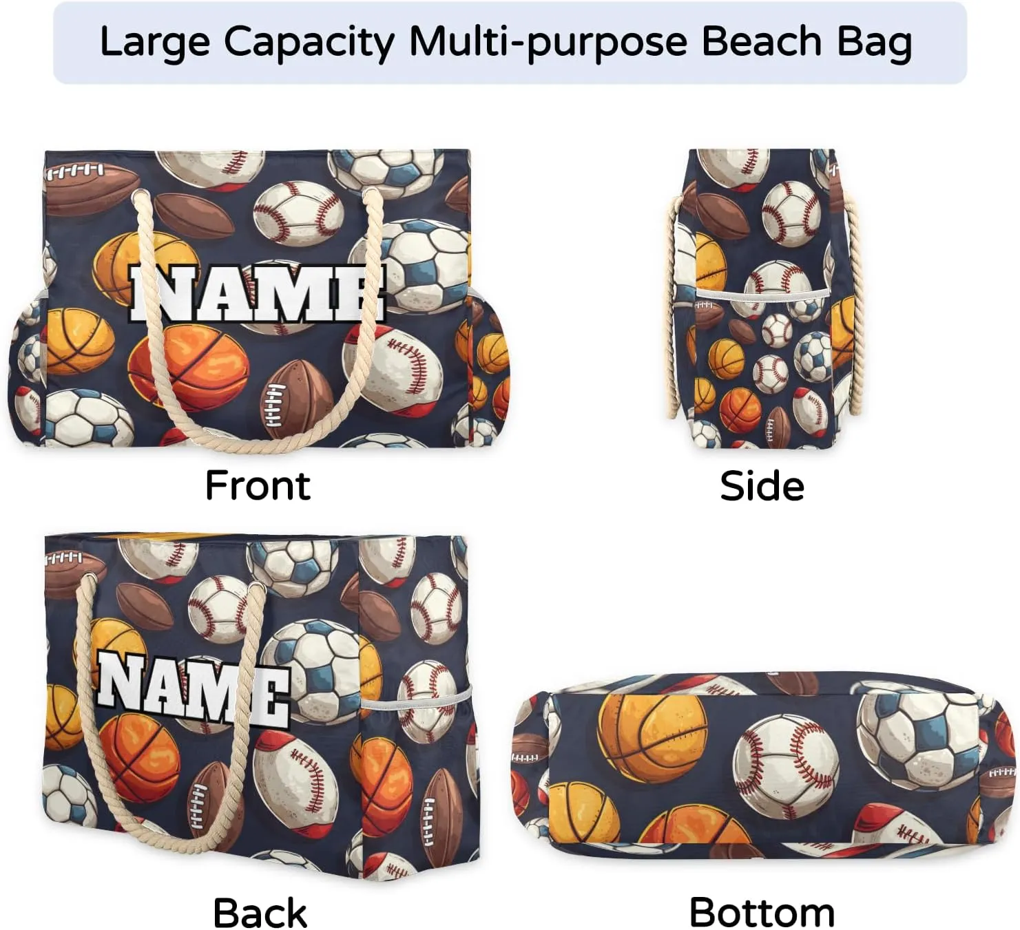Sport Baseball Personalized Beach Bag for Women, Custom Name Waterproof Sandproof Pool Swim Bags