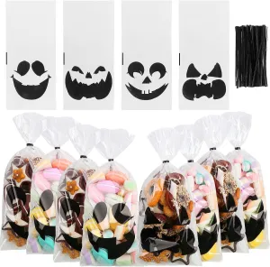 STEFORD Halloween Cellophane Bags, 120PCS Clear Cellophane Candy Gift Treat Bags with 150PCS Twist Ties for Party Favors Supplies (4 Styles)