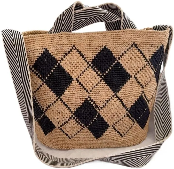 Straw Hand-woven Shoulder Crossbody Bucket Bag Handbag for Women Commuting Beach Vacation Totes Hobo Patchwork Plaid Chic
