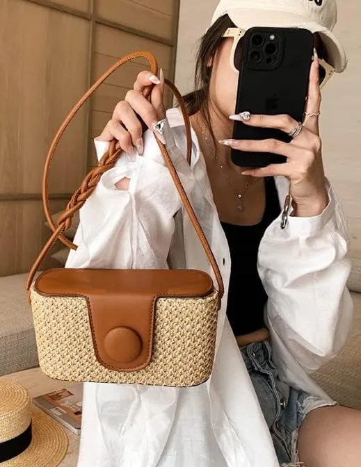 Straw Hobo Bag for Women Woven Shoulder Crossbody Bag Handbag Box Purse Small Totes for Beach