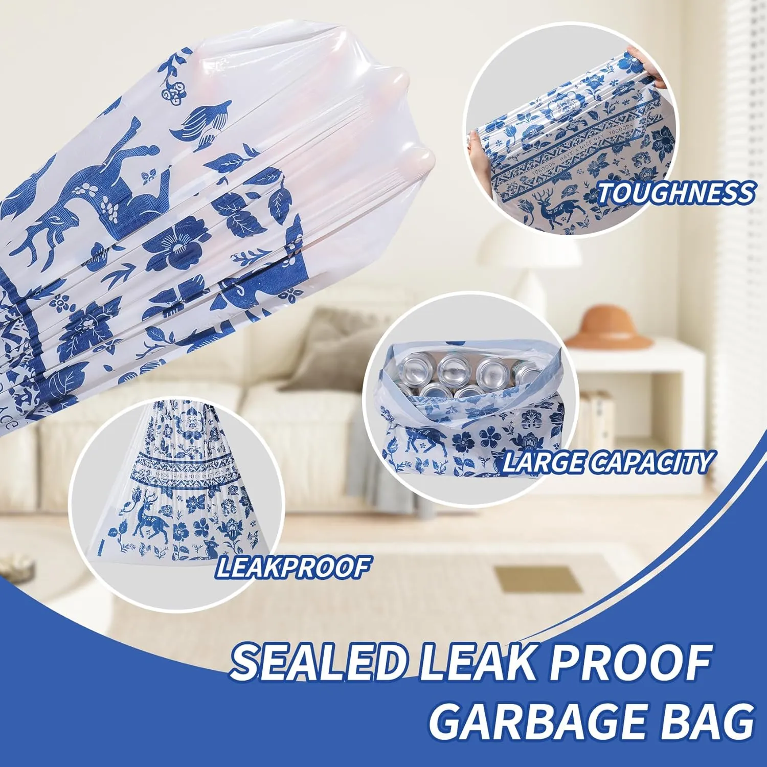 Sturdy Kitchen Drawstring Trash Bags, 13 Gallon Large Garbage Bags, 60 Counts Trash Bags for Office, Kitchen, Bedroom Trash Cans, Colored Portable Sturdy Garbage Bags, Trash Basket Bags