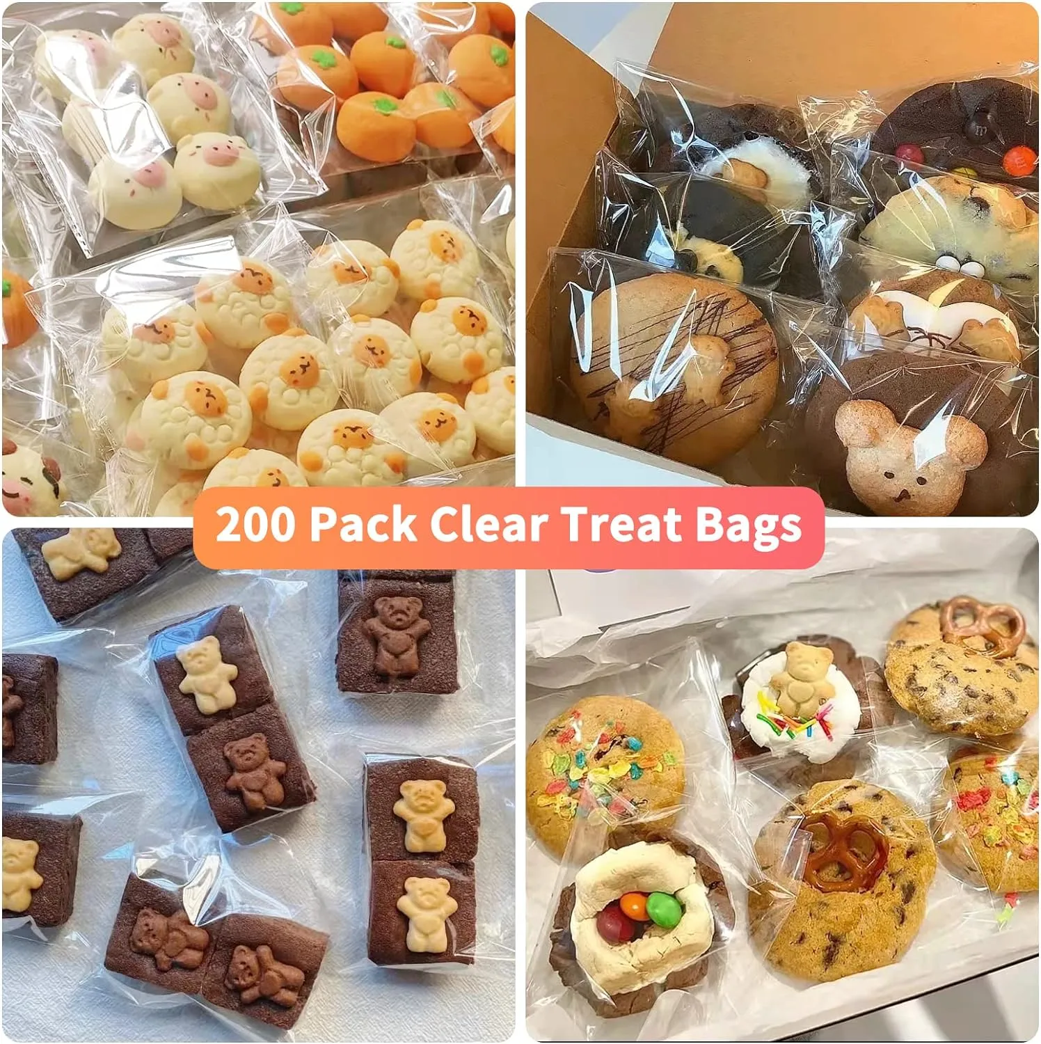 SUREHOME Cookie Bags with Seal, 200 Pcs 5x6 Inch Clear Self Sealing Cellophane Bags for Cookie Packaging Resealable Cello Treat Bag Plastic Individual Cookies Bag for Gift Giving Favors Candy Wrappers