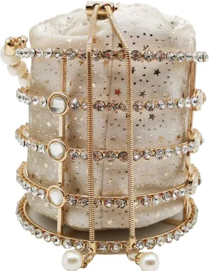 Synthetic Pearl Top-Handle Women Metal Bucket Bag Crystal Evening Purses and Clutches Formal Wedding Handbags