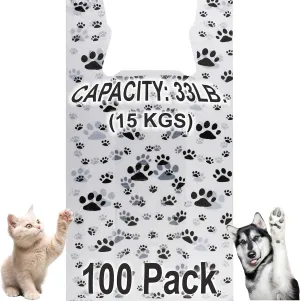 T-Shirt Bags - Paw Print Design - 100 Pack - Thank You & Shopping Bags - Cat or Dog - 22" L x 12" W x 7" Plastic