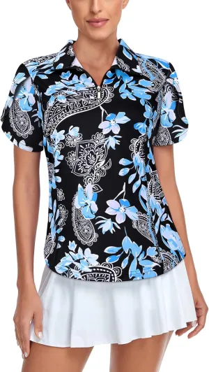 Tanst Sky Womens Golf Shirts Zip Up Overlap Short Sleeve Workout Tops Quick Dry Tennis Shirt