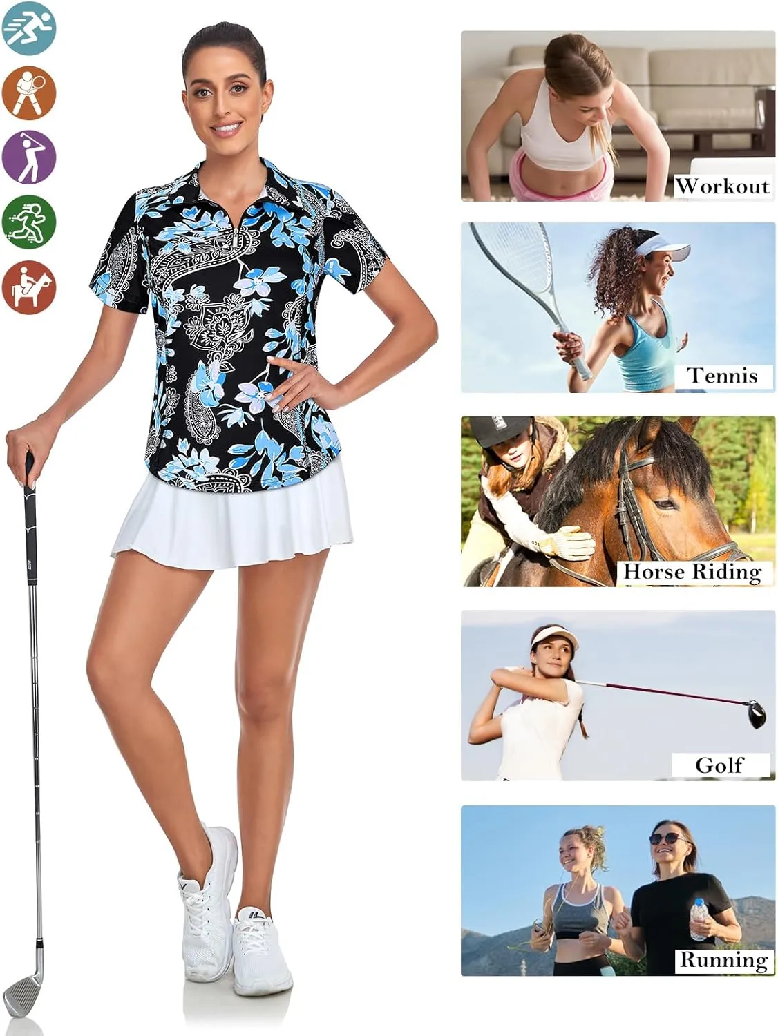 Tanst Sky Womens Golf Shirts Zip Up Overlap Short Sleeve Workout Tops Quick Dry Tennis Shirt