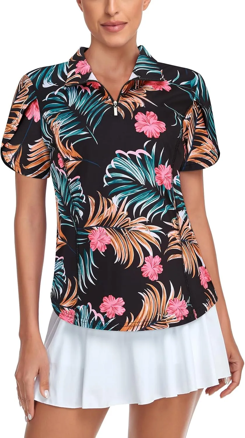 Tanst Sky Womens Golf Shirts Zip Up Overlap Short Sleeve Workout Tops Quick Dry Tennis Shirt