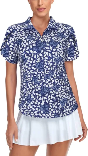 Tanst Sky Womens Golf Shirts Zip Up Overlap Short Sleeve Workout Tops Quick Dry Tennis Shirt