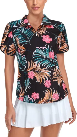Tanst Sky Womens Golf Shirts Zip Up Overlap Short Sleeve Workout Tops Quick Dry Tennis Shirt