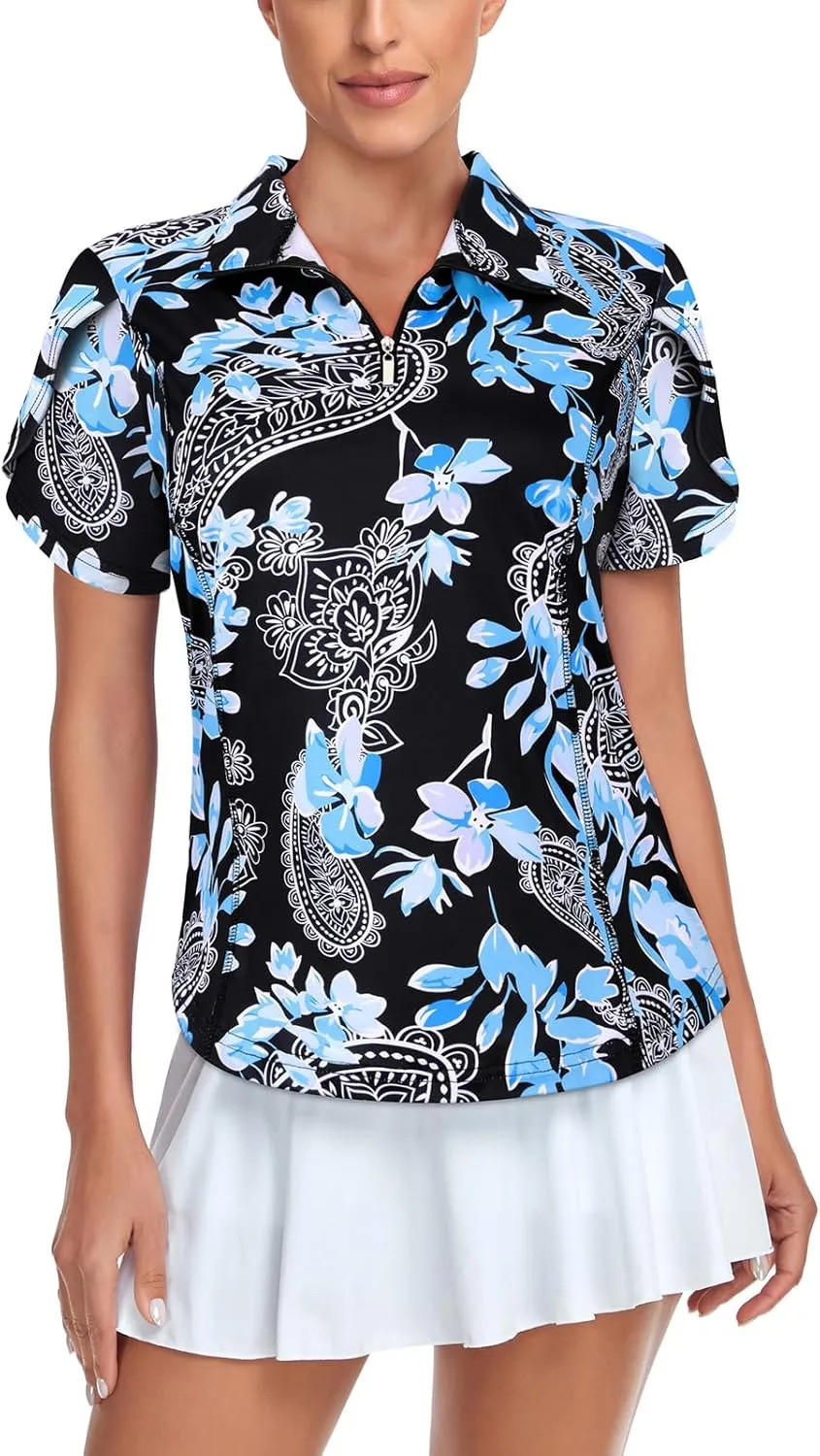 Tanst Sky Womens Golf Shirts Zip Up Overlap Short Sleeve Workout Tops Quick Dry Tennis Shirt