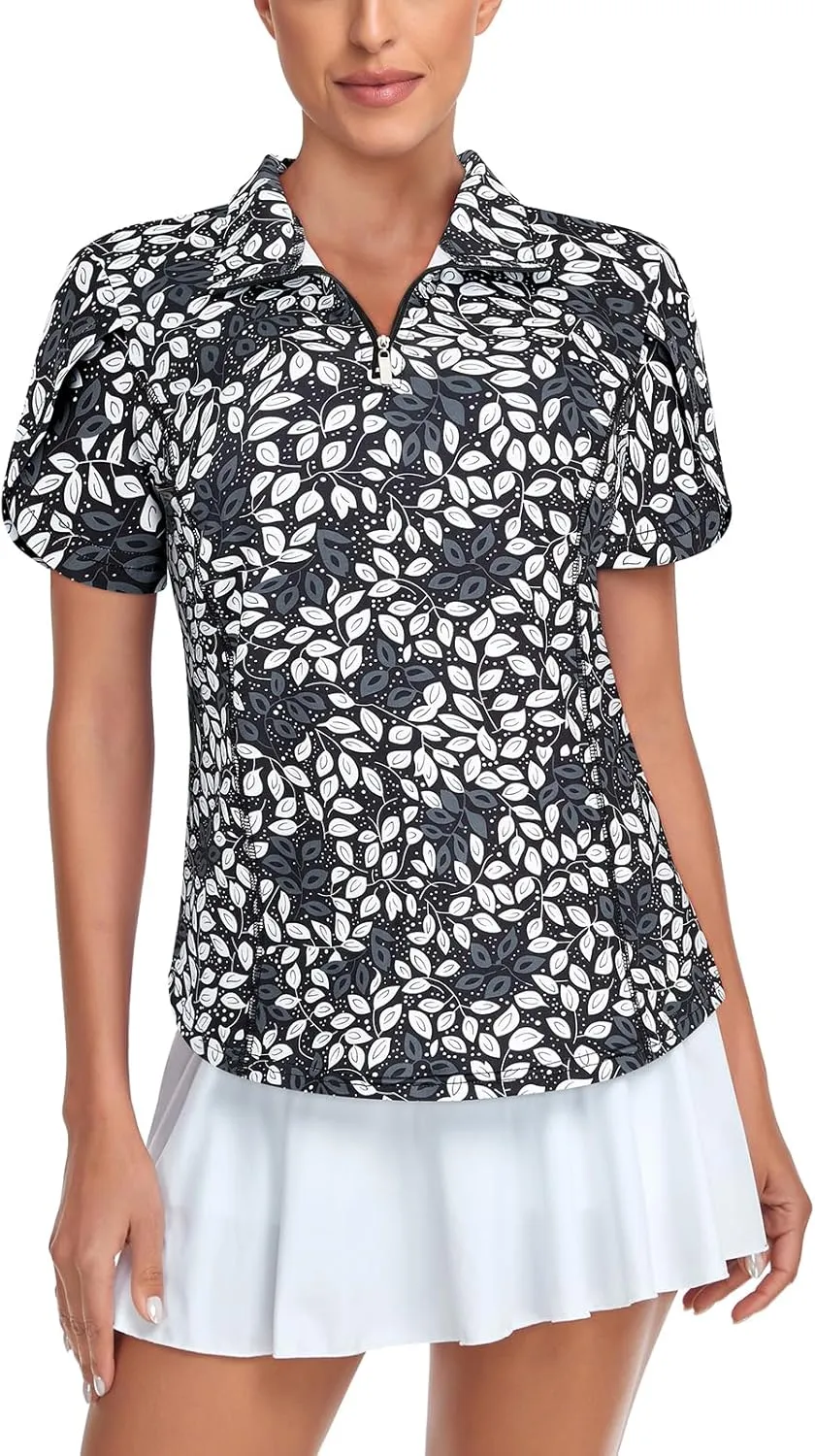 Tanst Sky Womens Golf Shirts Zip Up Overlap Short Sleeve Workout Tops Quick Dry Tennis Shirt