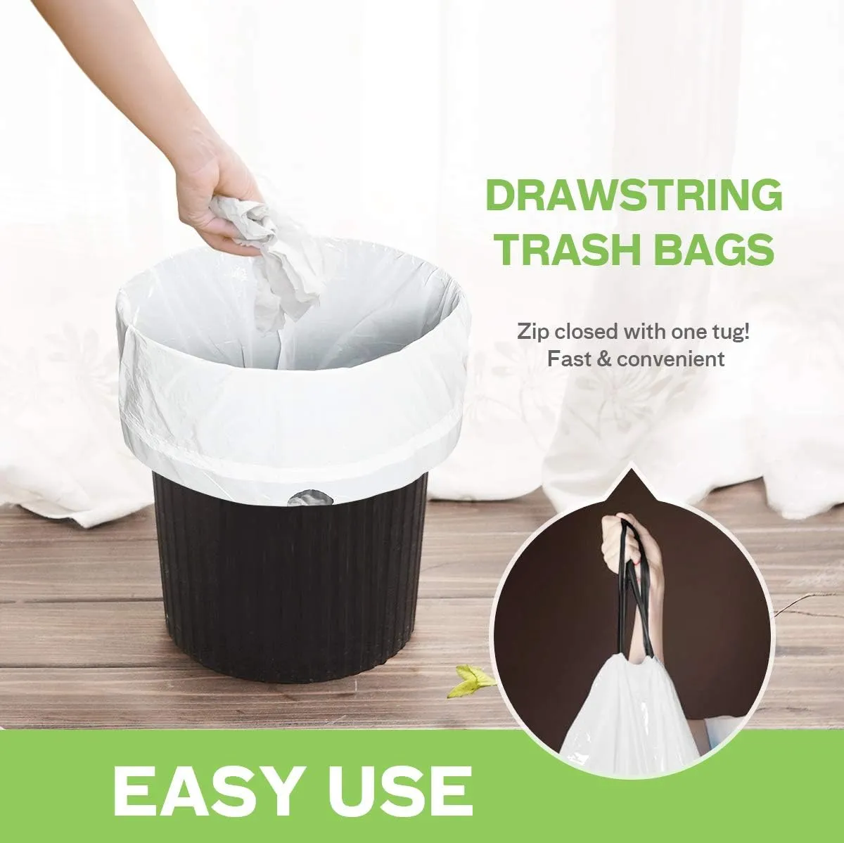 Teivio 1.6 Gallon 100 Counts Strong Drawstring Trash Bags Garbage Bags, Medium Kitchen Trash Can Bathroom Bin Liners, Plastic Trash Bags for Home Office Kitche, White