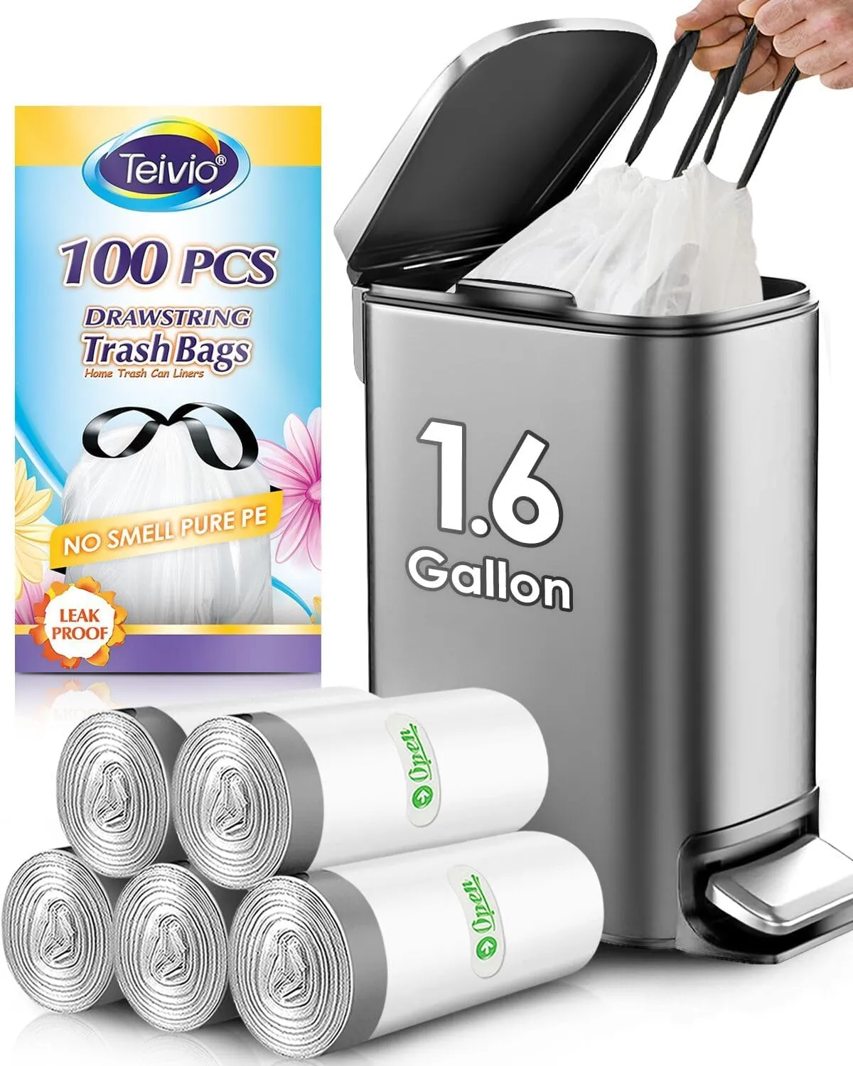 Teivio 1.6 Gallon 100 Counts Strong Drawstring Trash Bags Garbage Bags, Medium Kitchen Trash Can Bathroom Bin Liners, Plastic Trash Bags for Home Office Kitche, White