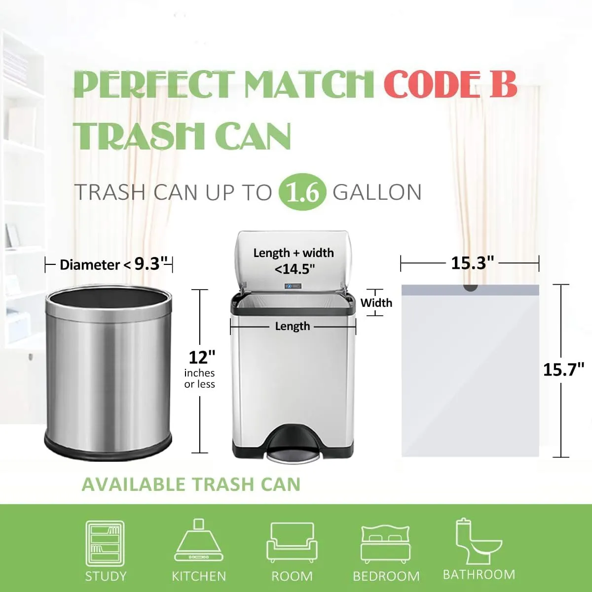 Teivio 1.6 Gallon 100 Counts Strong Drawstring Trash Bags Garbage Bags, Medium Kitchen Trash Can Bathroom Bin Liners, Plastic Trash Bags for Home Office Kitche, White