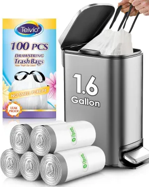 Teivio 1.6 Gallon 100 Counts Strong Drawstring Trash Bags Garbage Bags, Medium Kitchen Trash Can Bathroom Bin Liners, Plastic Trash Bags for Home Office Kitche, White