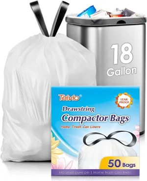 Teivio 18 Gallon 50 Counts (fit 16-18 Gal) Large Drawstring Trash Bags Strong Tall Kitchen Compactor Bags Garbage Bags for Home/Office/Light Residential Waste/Outdoor Trash Can, White Lawn Bags