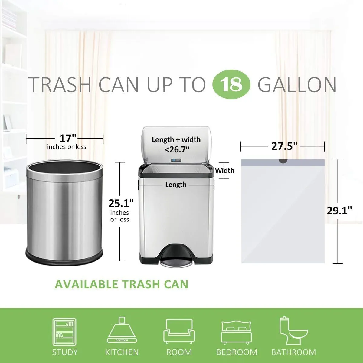 Teivio 18 Gallon 50 Counts (fit 16-18 Gal) Large Drawstring Trash Bags Strong Tall Kitchen Compactor Bags Garbage Bags for Home/Office/Light Residential Waste/Outdoor Trash Can, White Lawn Bags