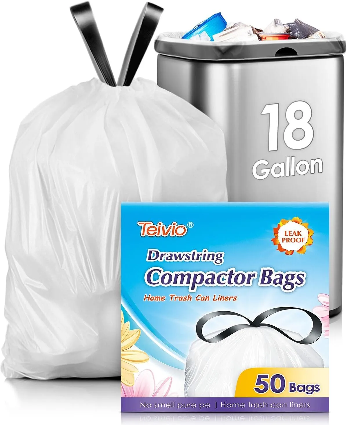 Teivio 18 Gallon 50 Counts (fit 16-18 Gal) Large Drawstring Trash Bags Strong Tall Kitchen Compactor Bags Garbage Bags for Home/Office/Light Residential Waste/Outdoor Trash Can, White Lawn Bags