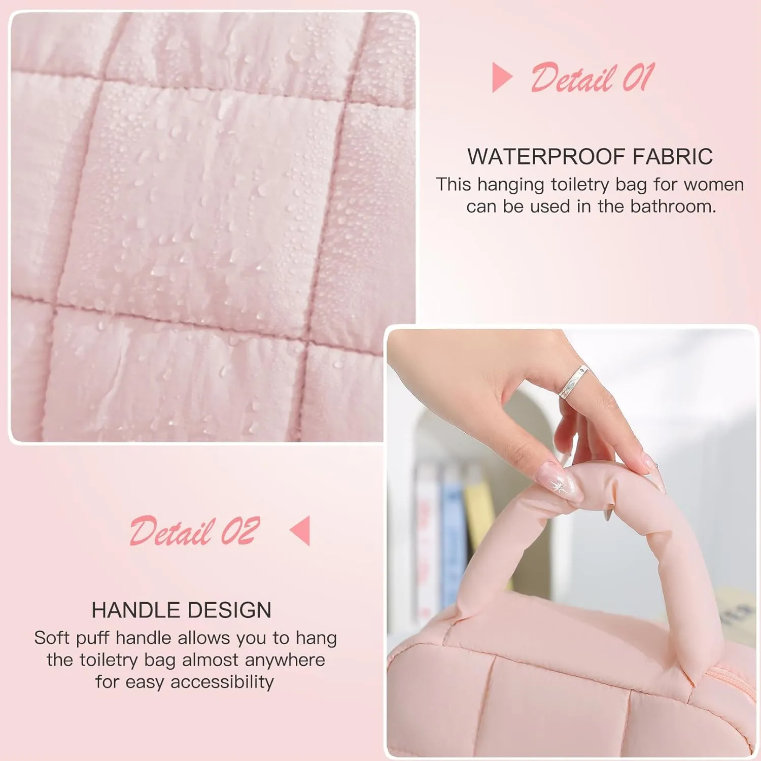 Teryeefi Hanging Travel Toiletry Bag for women, [Cute Candy Color Puffy Design] Travel Makeup Cosmetic Bag with Waterproof function (Pink)