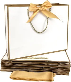 TKSBAG 12PCS Gift Bags Medium Size with Handles, 12.5 x 9.8 x 4.3 In White Gold Thank You Bags with Bow Ribbon for Wedding, Birthday, bridesmaid, Groomsmen, Father's Day, Graduation, Party Favors