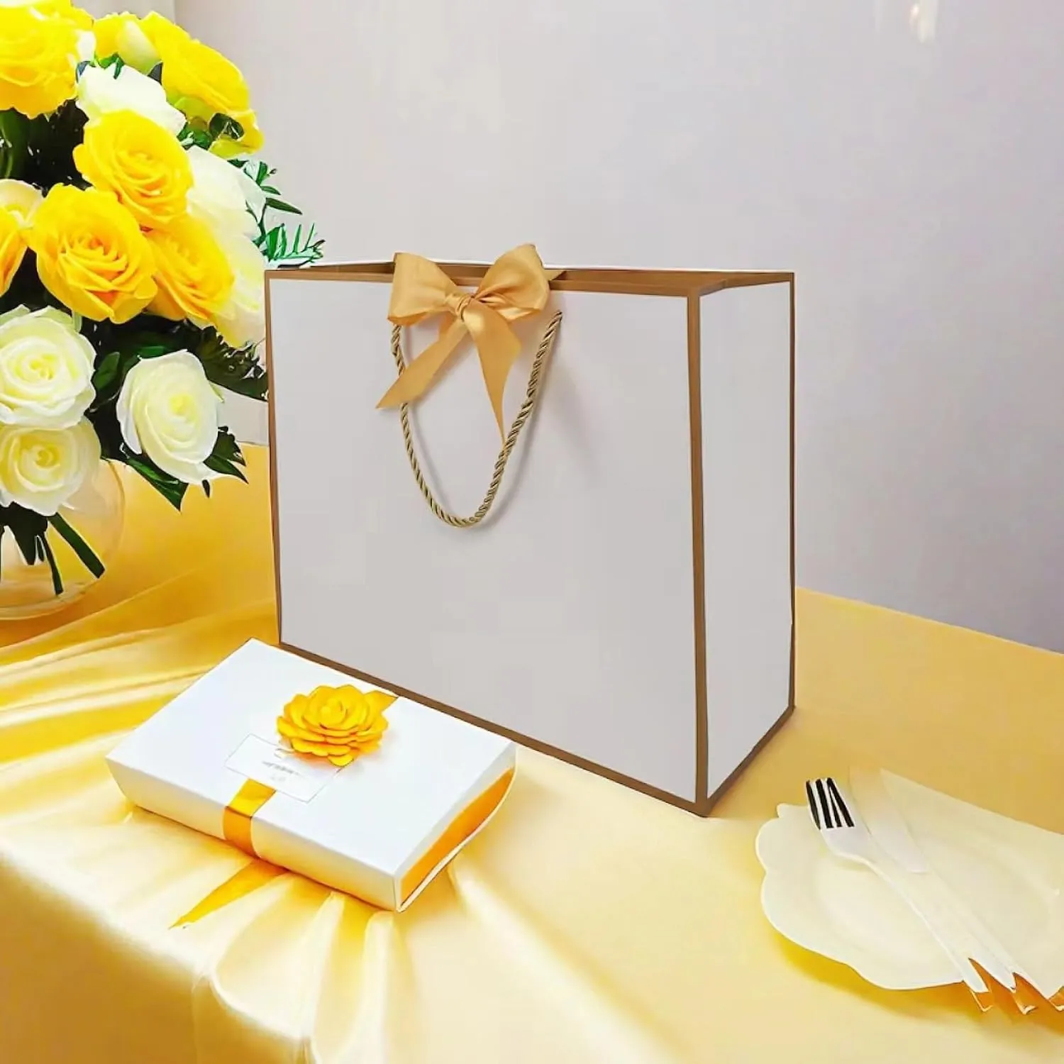 TKSBAG 12PCS Gift Bags Medium Size with Handles, 12.5 x 9.8 x 4.3 In White Gold Thank You Bags with Bow Ribbon for Wedding, Birthday, bridesmaid, Groomsmen, Father's Day, Graduation, Party Favors