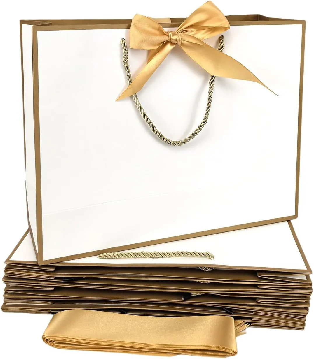 TKSBAG 12PCS Gift Bags Medium Size with Handles, 12.5 x 9.8 x 4.3 In White Gold Thank You Bags with Bow Ribbon for Wedding, Birthday, bridesmaid, Groomsmen, Father's Day, Graduation, Party Favors