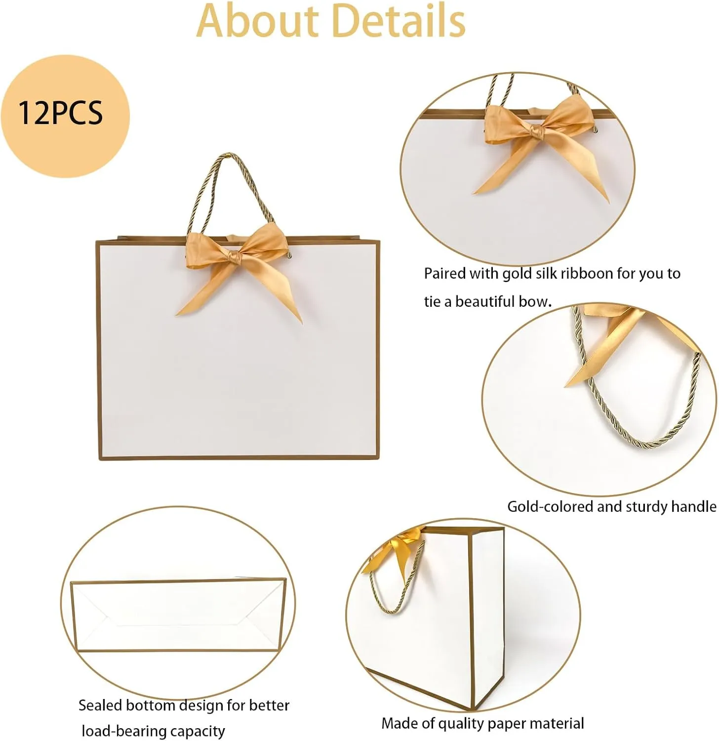 TKSBAG 12PCS Gift Bags Medium Size with Handles, 12.5 x 9.8 x 4.3 In White Gold Thank You Bags with Bow Ribbon for Wedding, Birthday, bridesmaid, Groomsmen, Father's Day, Graduation, Party Favors