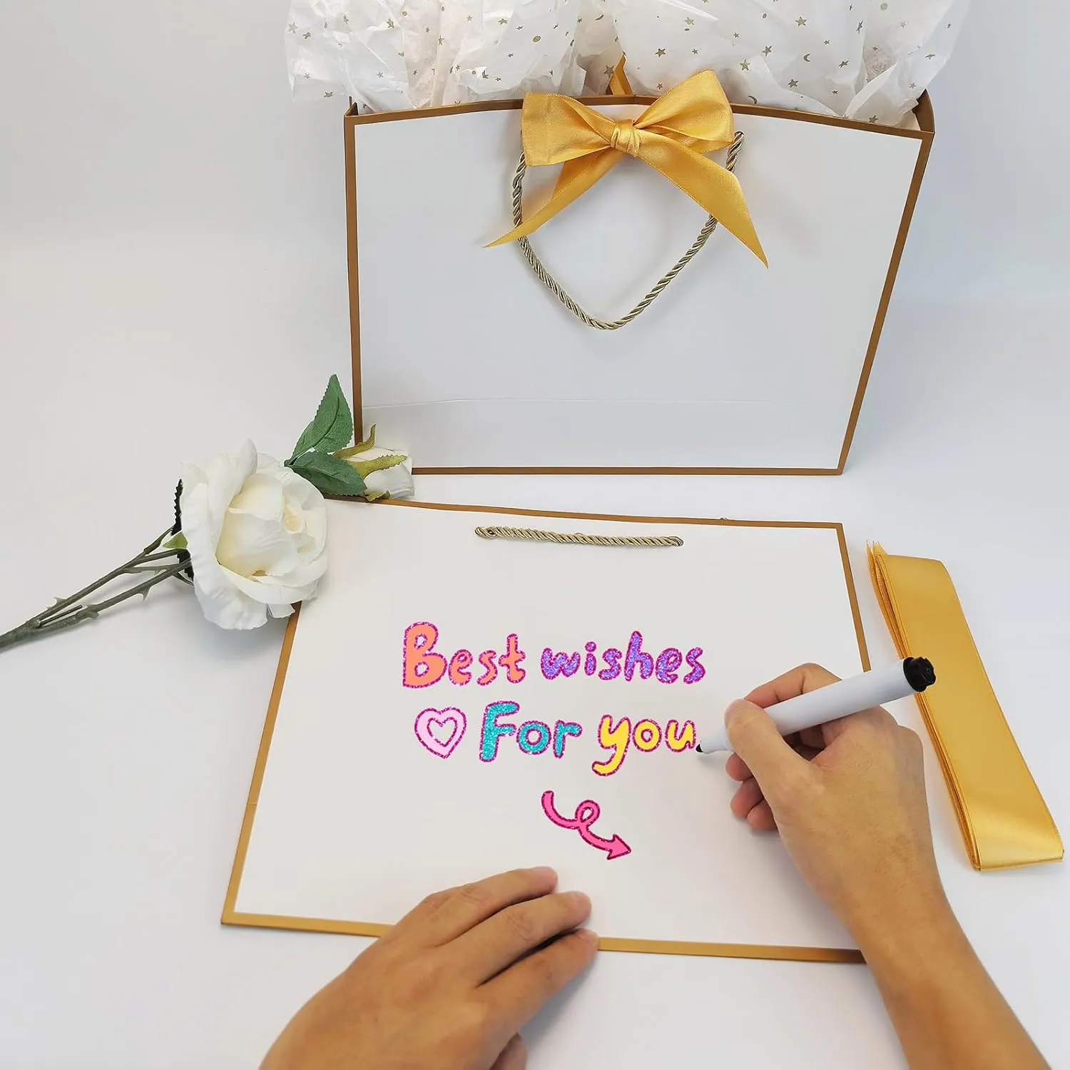 TKSBAG 12PCS Gift Bags Medium Size with Handles, 12.5 x 9.8 x 4.3 In White Gold Thank You Bags with Bow Ribbon for Wedding, Birthday, bridesmaid, Groomsmen, Father's Day, Graduation, Party Favors