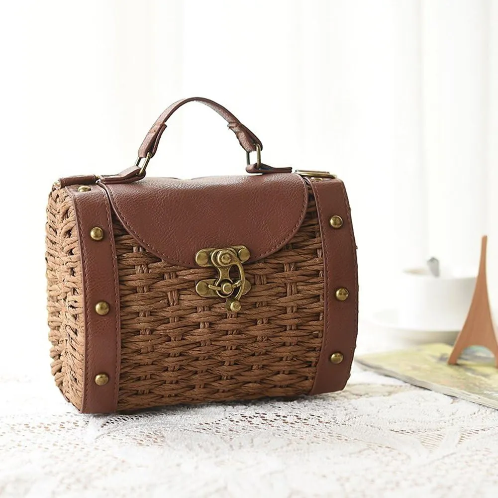 TONWHAR Baroque Style Retro Rivet Portable Small Box Woven Shoulder Messenger Bag