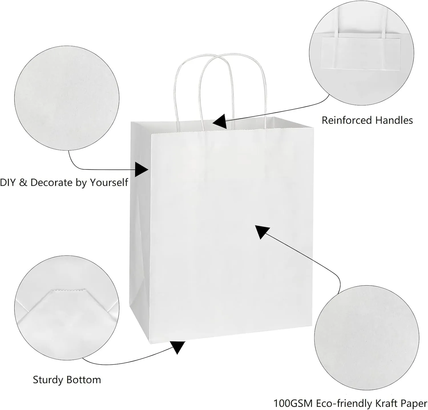 Toovip 50 Pack 8x4.75x10 Inch Medium White Kraft Paper Bags with Handles Bulk, Gift Wrap Bags for Favors Grocery Retail Party Birthday Shopping Business Goody Craft Merchandise Take Out Sacks