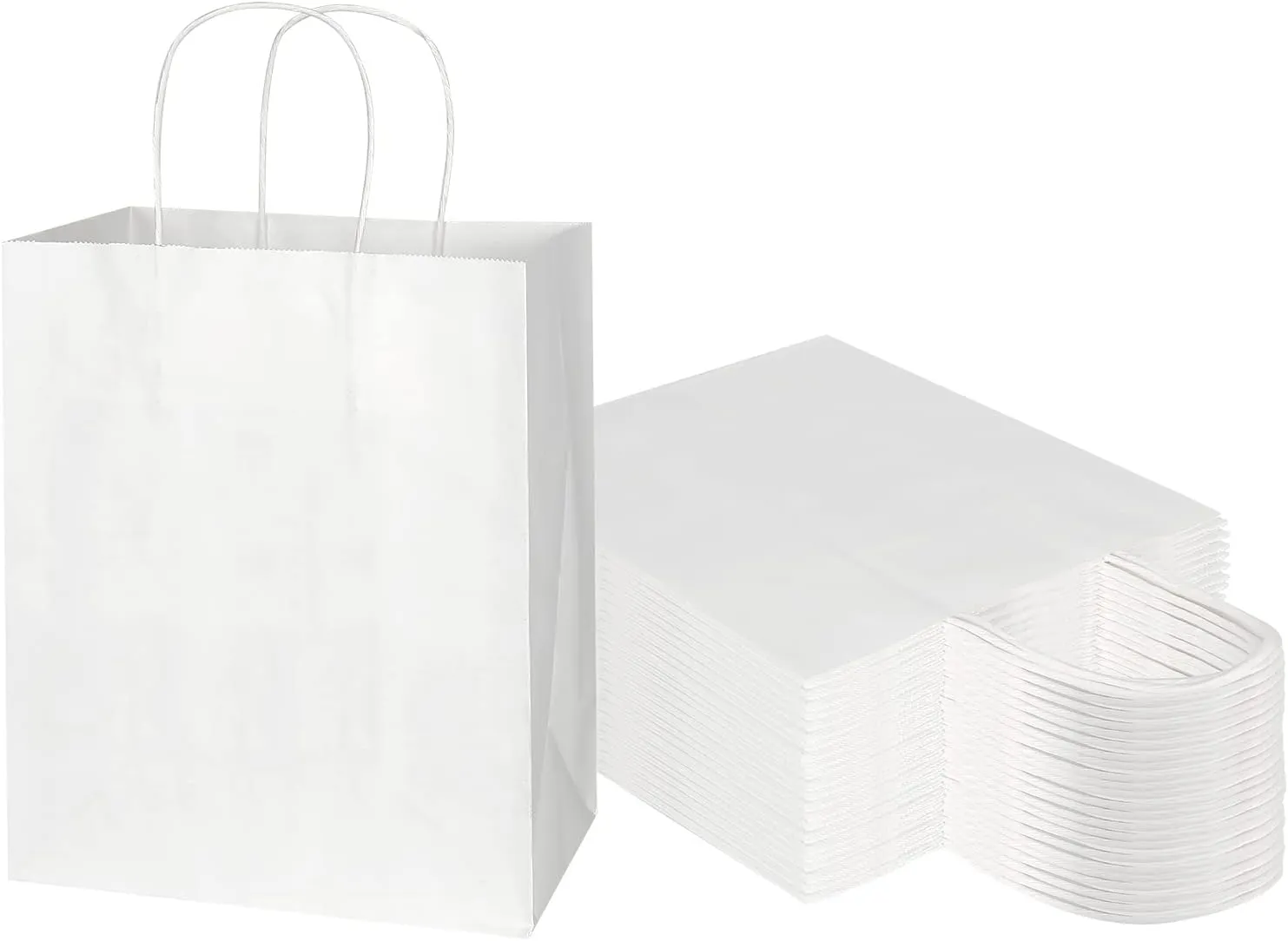 Toovip 50 Pack 8x4.75x10 Inch Medium White Kraft Paper Bags with Handles Bulk, Gift Wrap Bags for Favors Grocery Retail Party Birthday Shopping Business Goody Craft Merchandise Take Out Sacks