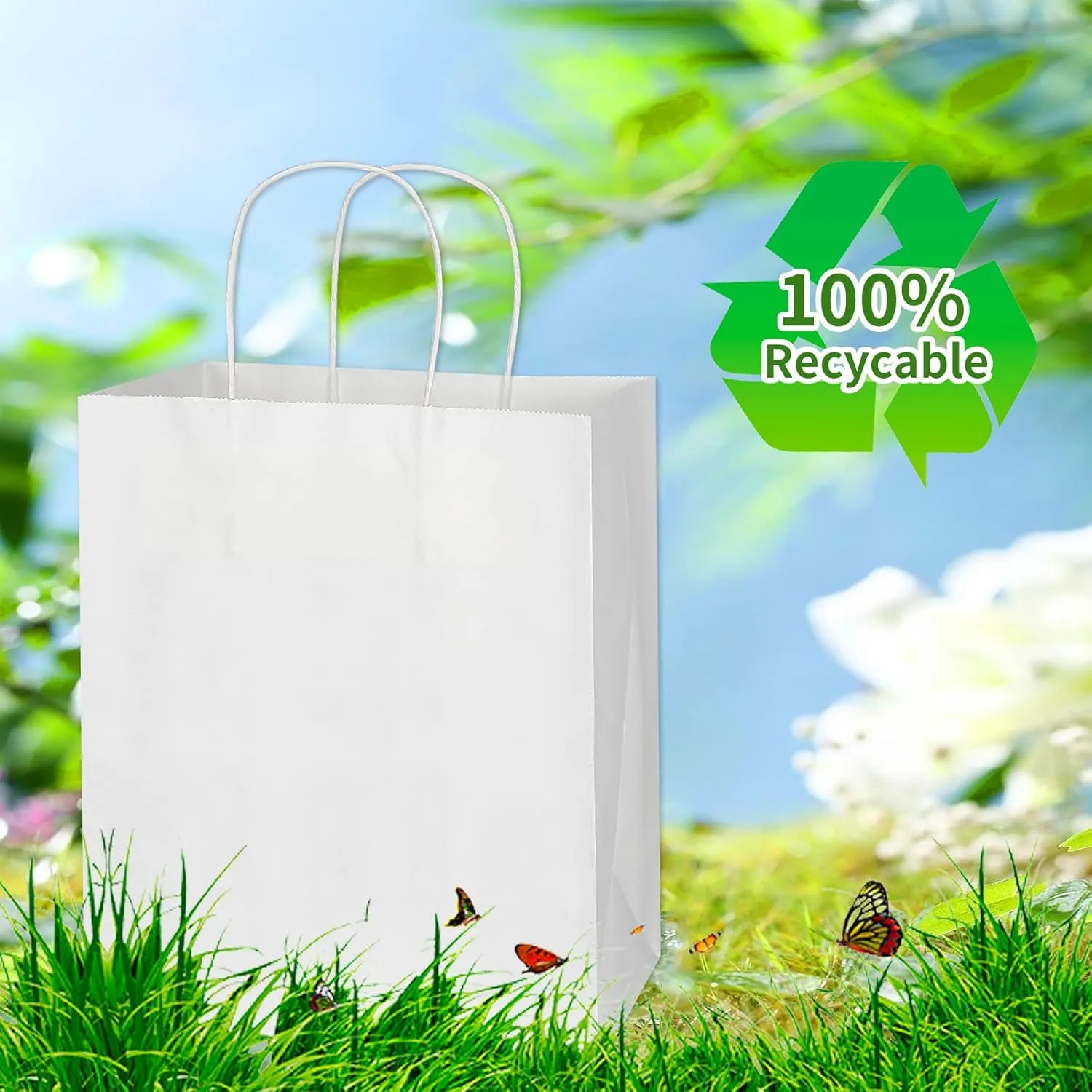 Toovip 50 Pack 8x4.75x10 Inch Medium White Kraft Paper Bags with Handles Bulk, Gift Wrap Bags for Favors Grocery Retail Party Birthday Shopping Business Goody Craft Merchandise Take Out Sacks