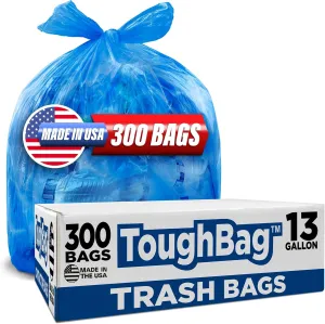 ToughBag 13 Gallon Recycling Bags, Blue Trash Bags (300 COUNT) - Blue Recycle Bags, Recycle Trash Bags 13 Gallon Tall Kitchen - Made in USA
