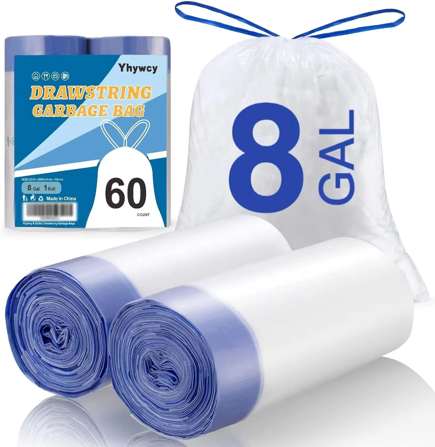 Trash Bag 8 Gallon Medium Drawstring Garbage Bags for 8 Gallon Trash Cans, Kitchen Bedroom Bathroom Living room Office Restaurant Thickened Stretchy (60 Count)