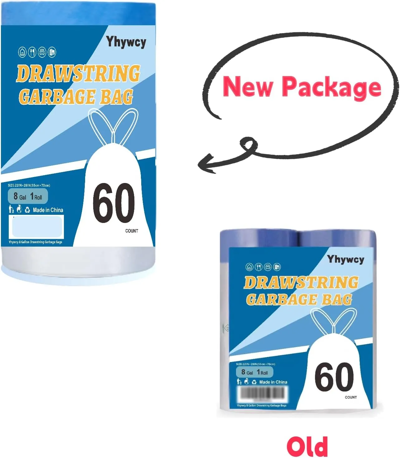 Trash Bag 8 Gallon Medium Drawstring Garbage Bags for 8 Gallon Trash Cans, Kitchen Bedroom Bathroom Living room Office Restaurant Thickened Stretchy (60 Count)