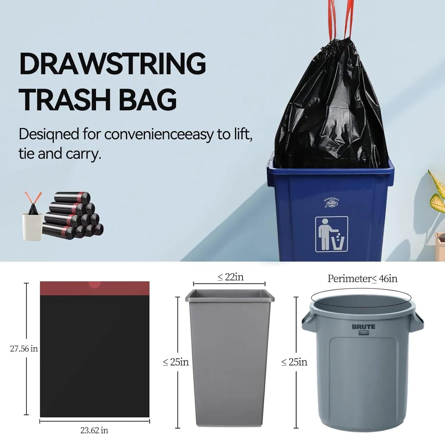 Trash Bags 13 Gallon, 50 Count Bathroom Garbage Bags, Kitchen, Bedroom, Office Waste Basket Liners With Drawstring Quickly Pack Garbage