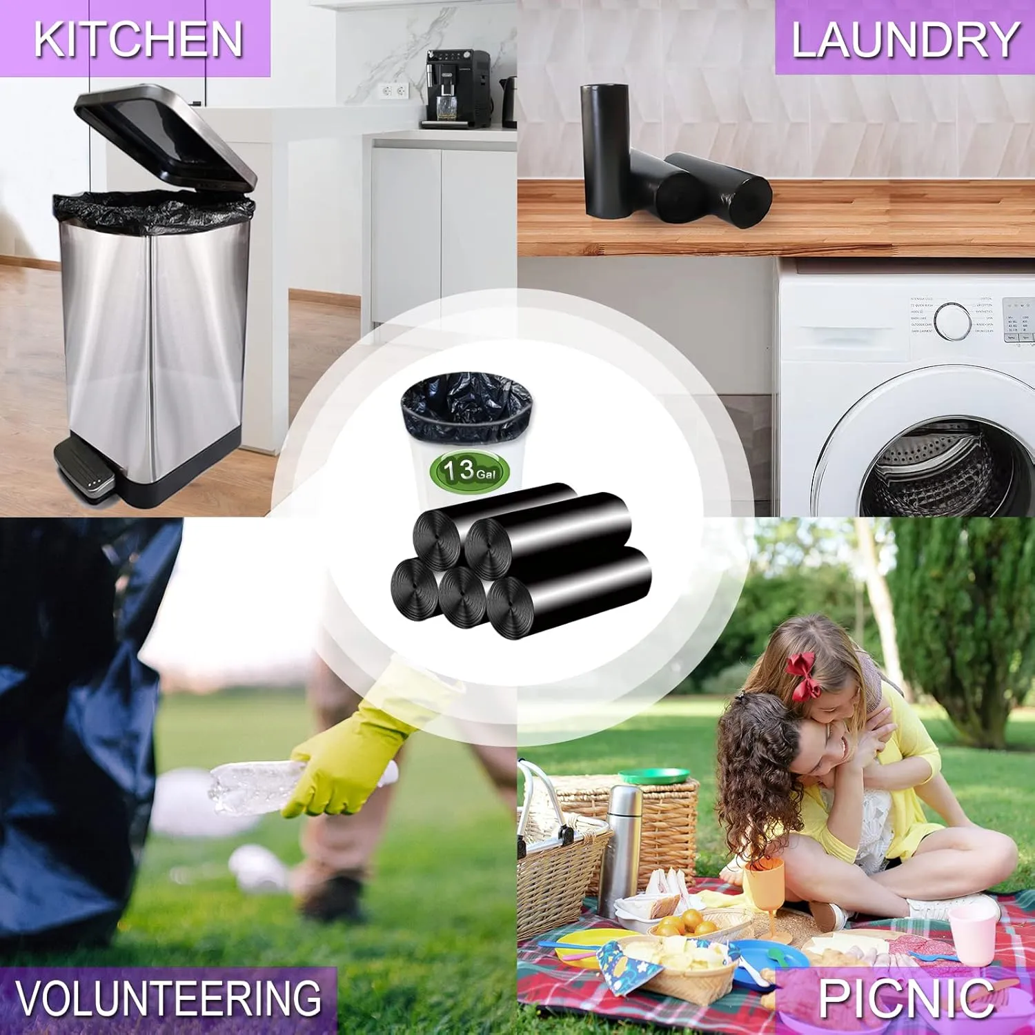 Trash Bags 13 Gallon Tall Kitchen Garbage Bags, Inwaysin Recycle Bags, Biodegradable Black Trash Bags, 75ct