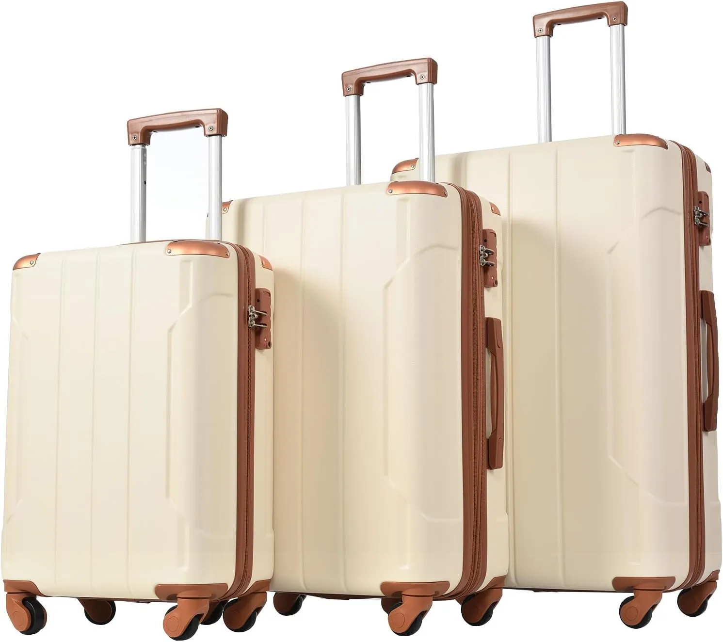 Travel Smart with 3-Piece Spinner Luggage Set, Lightweight ABS Hard Shell, Expands 25% for Extra Space, Brown & White