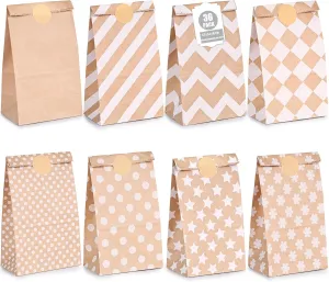 VGOODALL 36 Pack Assorted Pattern Kraft Paper Bags with Stickers, Reusable Party Favor Bags for Weddings, Birthdays, Retail, Lunch Treats