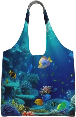 Wall Underwater world fish Canvas Tote Bag Aesthetic Large Shoulder Bags Reusable Shopping Bags for Women Grocery Bag Purse