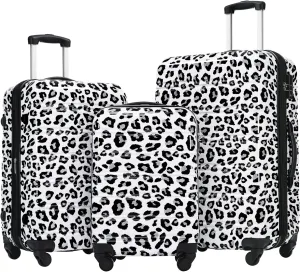 White Black Leopard Hardshell Luggage Sets 3pcs Spinner Suitcases - 20" 24" 28" with TSA Lock