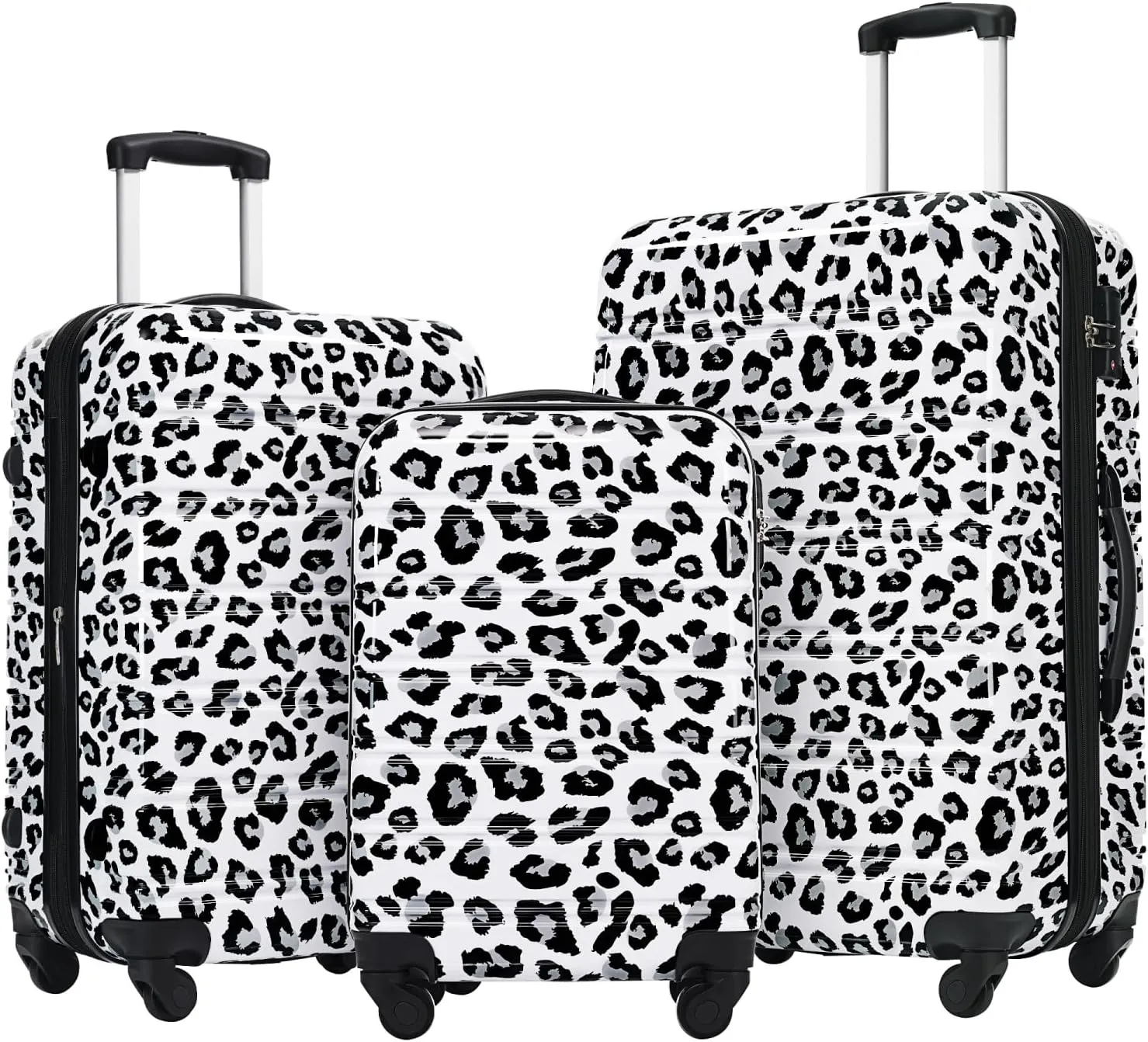 White Black Leopard Hardshell Luggage Sets 3pcs Spinner Suitcases - 20" 24" 28" with TSA Lock