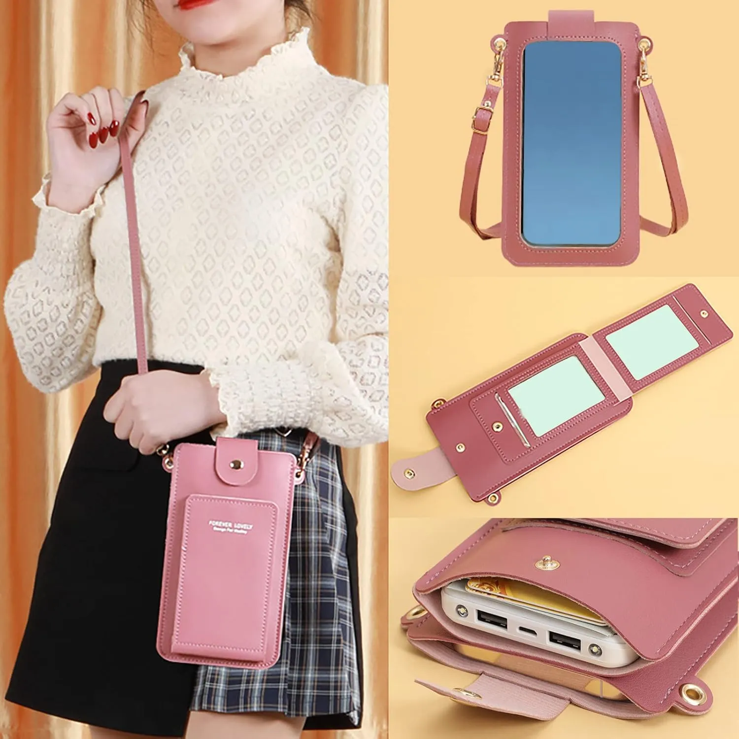 Women Artificial Leather Solid Color Hasp Transparent Operation Ccreen Phone Bag Shoulder Bag Messenger (A, One Size)