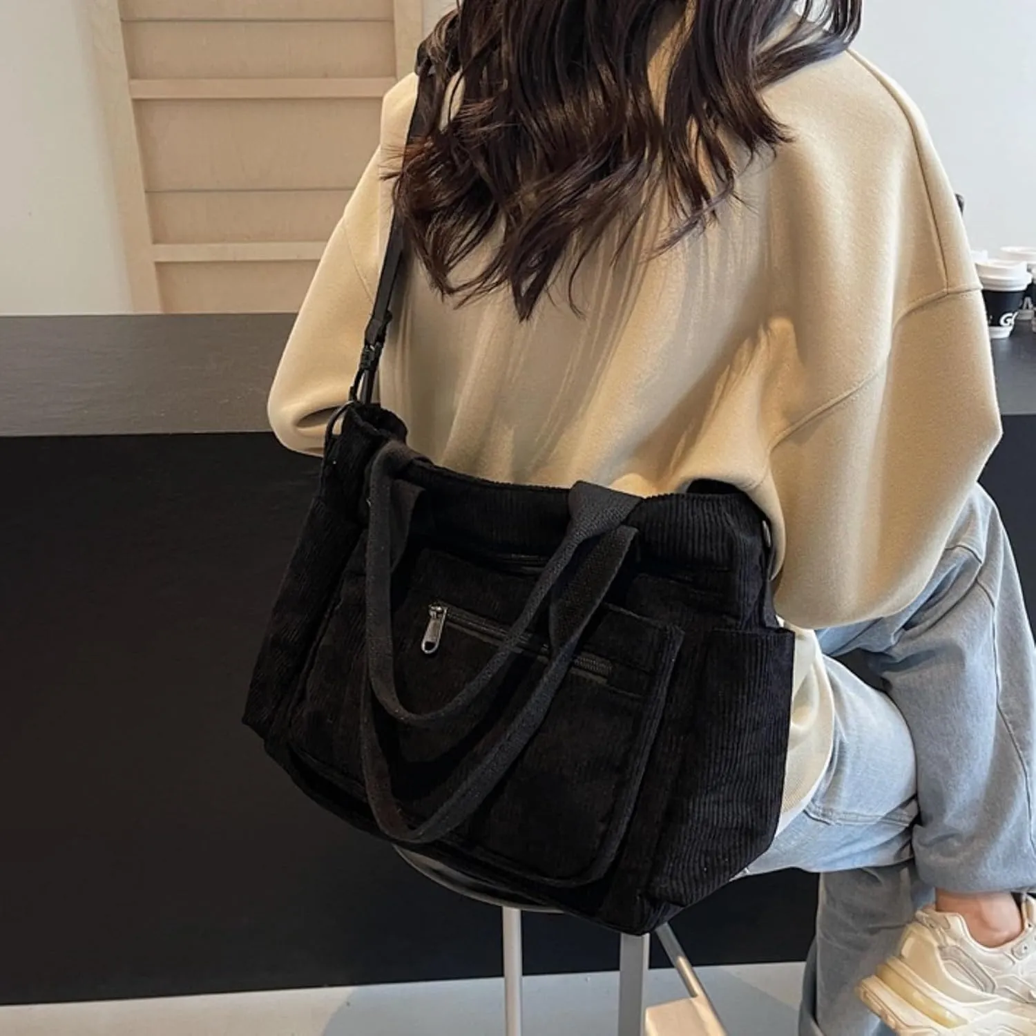 Women Corduroy Satchel Tote Bag Multi Pockets Large Capacity Totes Handbag Casual Work Meaaenger Purse,Green